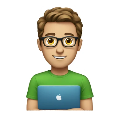 white young man with blue eyes and brown hair and square glasses wearing green t-shirt with laptop sticker
