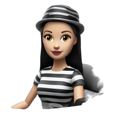 Beach Beauty Barbie, 1965 Wednesday Addams from academy, in dark-gray and black striped outfit with hat. Smiling Driving Mercedes convertible sports car  sticker