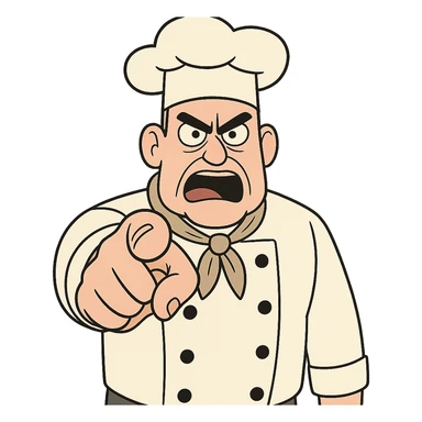 a chef with stern eyebrows, pointing directly at the viewer, drill sergeant attitude, 2D cartoon style sticker