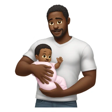 Black man holding baby oil and baby sticker