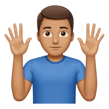 A guy with one of his arm is and the other down with 6 on his left hand and 7 on his right hand sticker