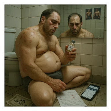 A 35-year-old bodybuilder sits shirtless on a bathroom floor, clutching an empty vial labeled "Test E 250mg". His physique shows the paradox of PED abuse: bloated stomach (high estrogen), atrophied testicles (shrunken in underwear), but zero exceptional muscle gains.  

Hyper-detailed elements:  
- **Needle marks** (track lines) on glutes with fresh bruising  
- **Acne clusters** on shoulders (CYP-induced)  
- **Lab papers** showing crashed LH/FSH (HPTA suppression)  
- **Phone screen** glowing with forum posts: "No gains after 8 cycles"  

The mirror reflects his exhausted face (dark circles, receding hairline) contrasting with gym selfies on the wall showing his younger natural self. A torn "NPC Competitor" certificate floats in dirty water.  

Photorealistic style with:  
- Clinical lighting (fluorescent bathroom bulbs)  
- Subsurface scattering on inflamed skin  
- Macro details of scar tissue from injections  
- Time-stamped vial (proving bi-weekly use)   sticker
