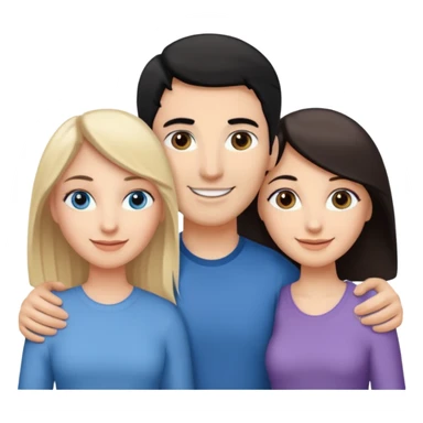 3 people. Throuple. Blank woman with blond hair and blue eye color on left. And also a blank man with black hair and grey eye color in the middle. And a blank woman with brown hair and grey eye color on the right. Holding each other sticker