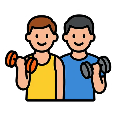 two male gym buddies lifting weights, minimal and recognizable icon style sticker