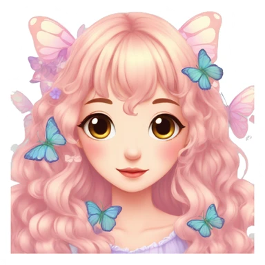 Cute kawaii gorgeous pretty anime cartoon pastel lady with butterflies and beautiful hair fairycore cottagecore detailed high quality trending aesthetic sticker