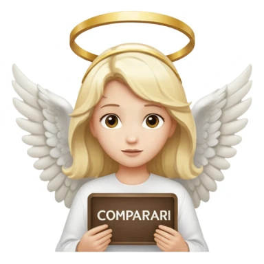 "An angel emoji with blonde hair, a halo, wings, holding a 'COMPARTILHAR' sign in bold letters." sticker