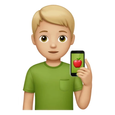 A little kid holding a phone, apple style emoji, wearing a green shirt. sticker