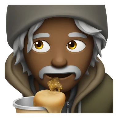Homeless man eating sticker