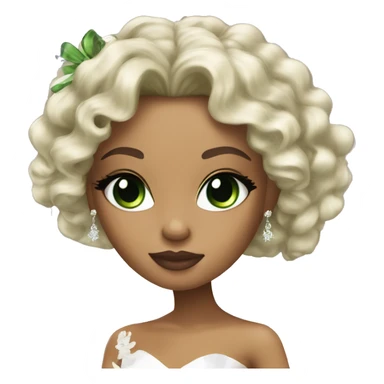 Bratz, bride, black curly long hair, olive skin, green almond cat eyes sticker