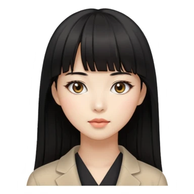 pretty Korean woman, black straight hair with bangs, beige eyes sticker