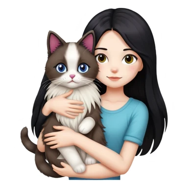 Girl with straight black long hair hugging a colorpoint ragdoll plush toy and a tricolor long-haired cat sticker