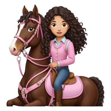 Realistic mixed race girl with long dark brown curly hair, riding a big shire draft horse that’s white with a pink nose wearing pink harness and saddle  sticker