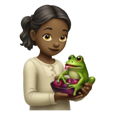 A little girl and a frog mixed together eating a plum sticker