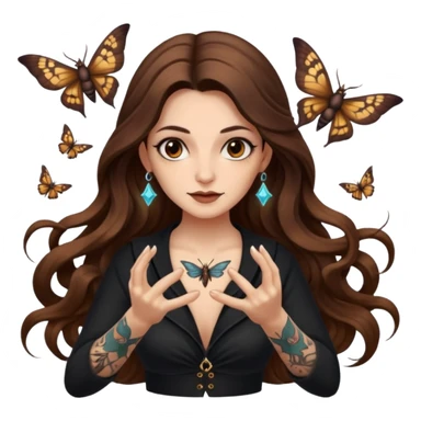 night witch woman long wavy brown hair tattoos spinning moth from fingers sticker