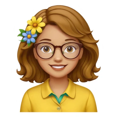 girl with a yellow blouse with flowers, with hair in waves with glasses smiling sticker