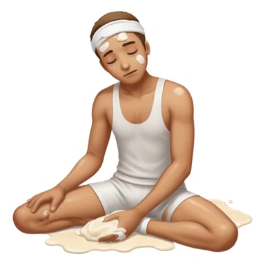 Man on the floor exhausted covered in white lotion sticker