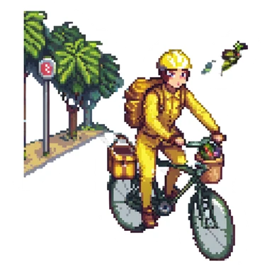 A courier on a yellow bicycle wearing yellow clothes, riding from left to right sticker