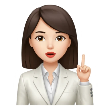 brunette girl wearing a white suit, with straight hair, making a "be quiet" gesture sticker