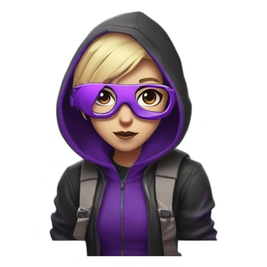 Girl blond developer  with round glasses left side behind his laptop with this style: valorant riot Game purple character purple black hooded hacker themed character sticker