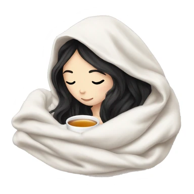 Pale Girl with black hair cozy in a white blanket seeping tea  sticker
