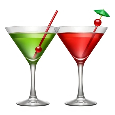 two realistic glasses of cocktail in emoji style, one is red color and one is green, martini glass shape, no straw, no fruit, no ice, no Cocktail sticks sticker