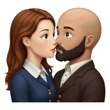 Couple. Bald man with dark brown-black beard. White woman with many small, faded freckles, she has white skin and she has auburn-brown-cinnamon, dark long hair. She has light brown eyes. The man have hazel eyes. She have light eyes. Retro style. She kisses him. Dark akademia. sticker