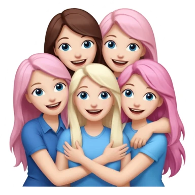 four adult white women laughing and hugging.  Two have long dark brown hair.  One has long pale pink hair and blue eyes. one has with blue eyes and light blonde hair. sticker
