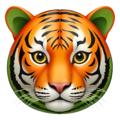 A round watermelon with green rind and a realistic tiger head attached to it sticker
