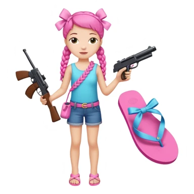 A girl who has a braid on one should and has a flipflop in one hand that has a bow while in the other hand she has a gun with a bow  sticker