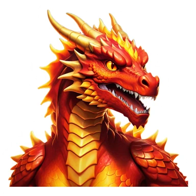 Cinematic Noble Fierce Fire Dragon Portrait Emoji, Poised and imposing, with a muscular, scaled body ablaze in fiery hues of crimson, molten orange, and molten gold, and intense, burning eyes that mirror the heart of a volcano; rendered with lifelike texture and dynamic natural highlights, high shine, formidable and intense, styled with an aura of scorching mythic power, focused and resolute, soft glowing outline, capturing the essence of a legendary inferno poised to ignite the screen with timeless ferocity! sticker