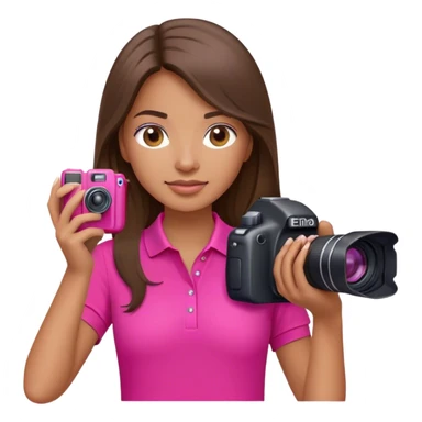woman photographer with long brunette hair hot pink polo shirt and camera sticker