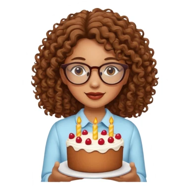 Tanned girl with brown curly hair wearing glasses with a cake  sticker