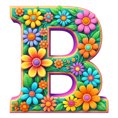 3D style, psychedelic colored Letter B with hippie style flower border sticker