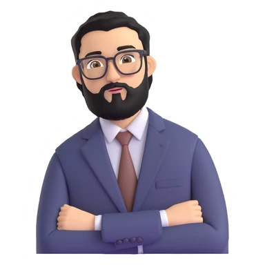 man with medium black beard, black hair, connected unibrow, olive tan skin, brown eyes, glasses, wearing a professional business suit sticker