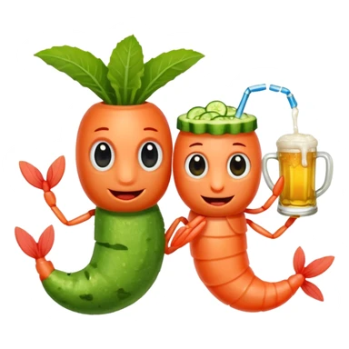 Create a modern emoji-style illustration of two shrimp characters, friendly and cool, slightly cartoon but stylish, not childish.
They are toasting (‘salud’), one shrimp holding a beer mug with aguachile topping, the other holding a fresh aguachile bowl with cucumber and chili.
  sticker