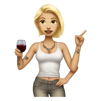Blonde women in, her body covered with tattoos, wine in her one hand and pointing you with other hand with her pointer finger sticker
