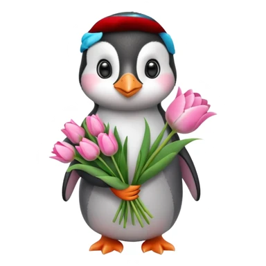 Cute baby penguin holding flower bouquet wraped in white paper and all flowers tulips in pink colour sticker