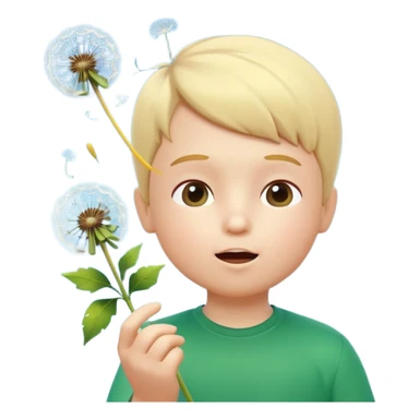 A 3D cartoon child blowing on a dandelion, seeds flying in the air, sunny garden background, realistic Memoji-style. sticker