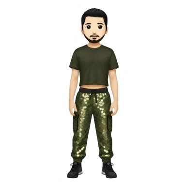 Mike Shinoda with black hair, black sequin crop top, olive sequin baggy pants sticker
