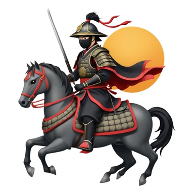 clash-of-clans-aesthetic_-cinematic-fearsome-and-majestic-samurai-bust-portrait-emoji, rendered in a flat, vector-style with minimal shading and bold, simplified shapes typical of emoji art, depicting a battle-hardened samurai with black mask and traditional black Japanese armor. The samurai is riding a noble grey warhorse adorned with an intricately designed saddle and fluttering banners and a rising sun. a samurai riding on a  horse sticker