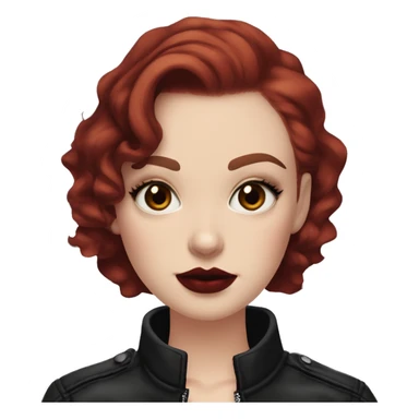 Girl with very pale skin, bright red curly short hair with a side part, black cat-eye makeup, long eyelashes, dark maroon blush and lipstick.  Her eyebrows are dark, arched and very high.  Hazel eyes. Big lips. Thin. Wearing a leather jacket  sticker