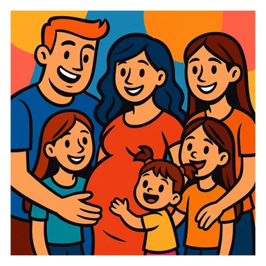 cartoon-style family with father, pregnant mother, two teenage daughters, and a toddler girl, all smiling and close together sticker