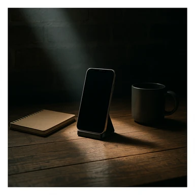 dark room in loft style, iphone lies on a wooden table on a stand, next to it lies a notebook and a cup, a beam of light shines directly on it and on the table sticker