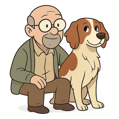 cartoon style bald old man with round glasses and grey goatee sitting beside a Brittany Spaniel, both looking content sticker