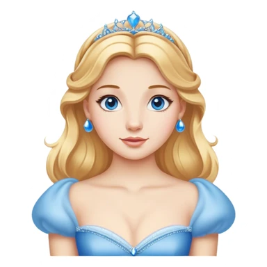 Cinematic Realistic Comical Cinderella Portrait, with every detail rendered realistically—from the soft, smooth texture of her fair skin to her artfully styled golden-blonde hair. Her bright blue eyes are wide with playful disbelief, and her expression carries a touch of whimsical humor while retaining elegant poise. Her classic ball gown, detailed with rich fabric textures and natural shadows, catches the light in a way that blends refined beauty with a hint of cheeky mischief, creating a striking, lifelike portrayal. sticker