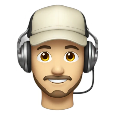 DJ with a cream white hat and headphones hanging over the cap. Brown hair. Short trimmed beard and mustache. Muscular sticker