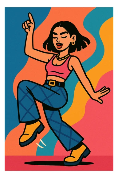Dua Lipa in a dynamic dance pose, trendy outfit, pop music vibe sticker