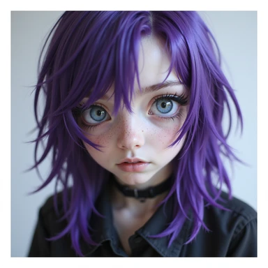 goth girl with purple asymmetrical hair, blue eyes, pale skin, semi-realistic style sticker