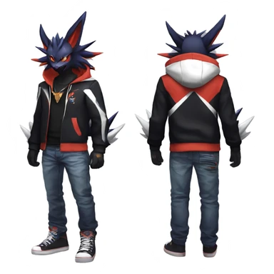Cool Anthro Black Noivern-Absol-Litten-Pokémon with edgy stripes hoodie spiked collar punk Full Body sticker