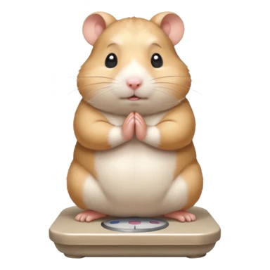 Cute chubby cartoon-style hamster standing on a bathroom scale, looking nervous with praying hands. Painterly shading, expressive eyes, white background, sticker-style illustration sticker